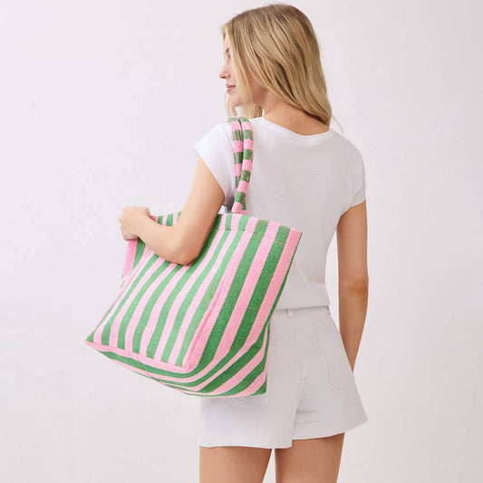 Striped Terry Tote Bag: Pink + Green