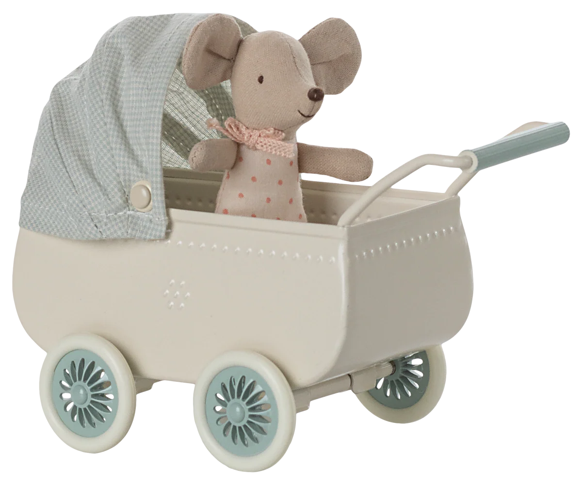 Pram With Baby Mouse - Mint
