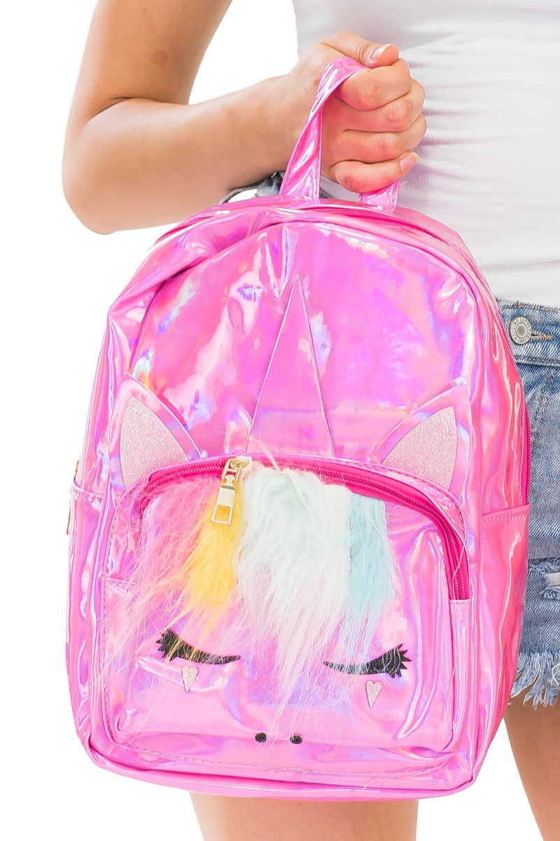 Fuzzy Unicorn Shiny Metallic Backpack
