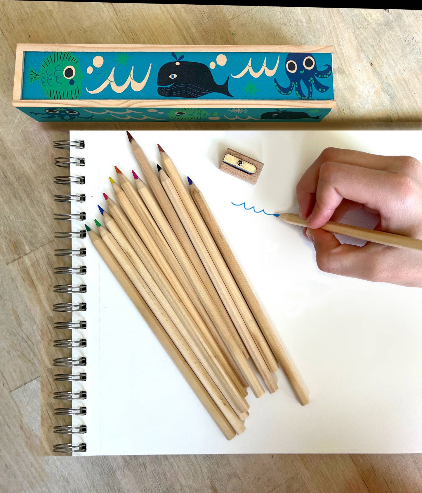 Wooden pencil box/pencils ocean friends