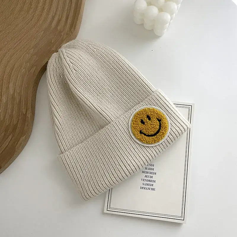 Smiley Face Beanie Hat Creme