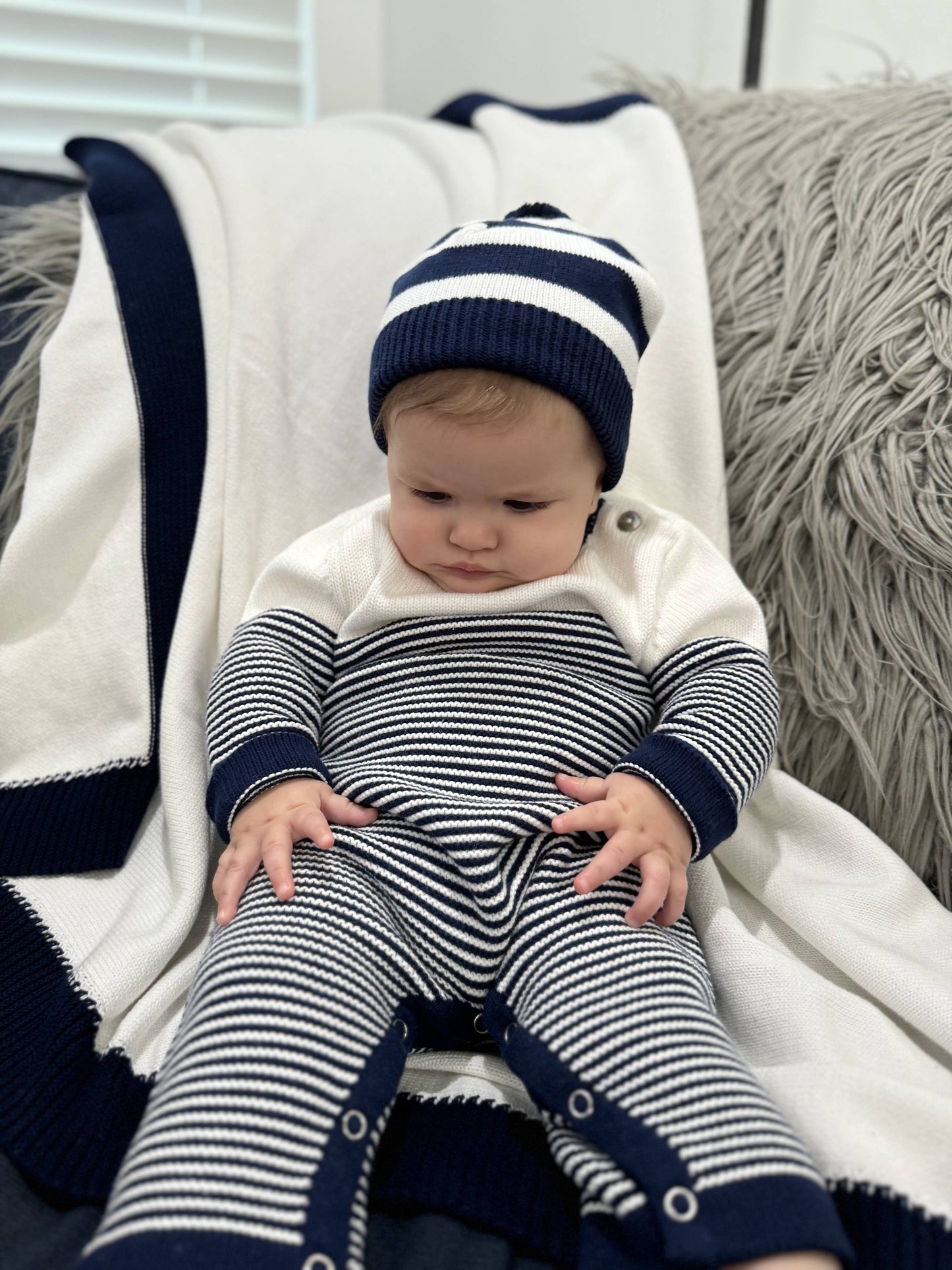 Cotton Striped Hat Pompom: Navy / 12m
