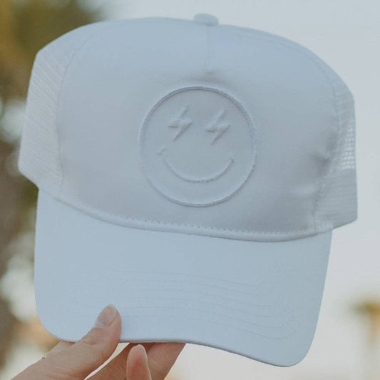 Lightning Happy Face Trucker Hat: White