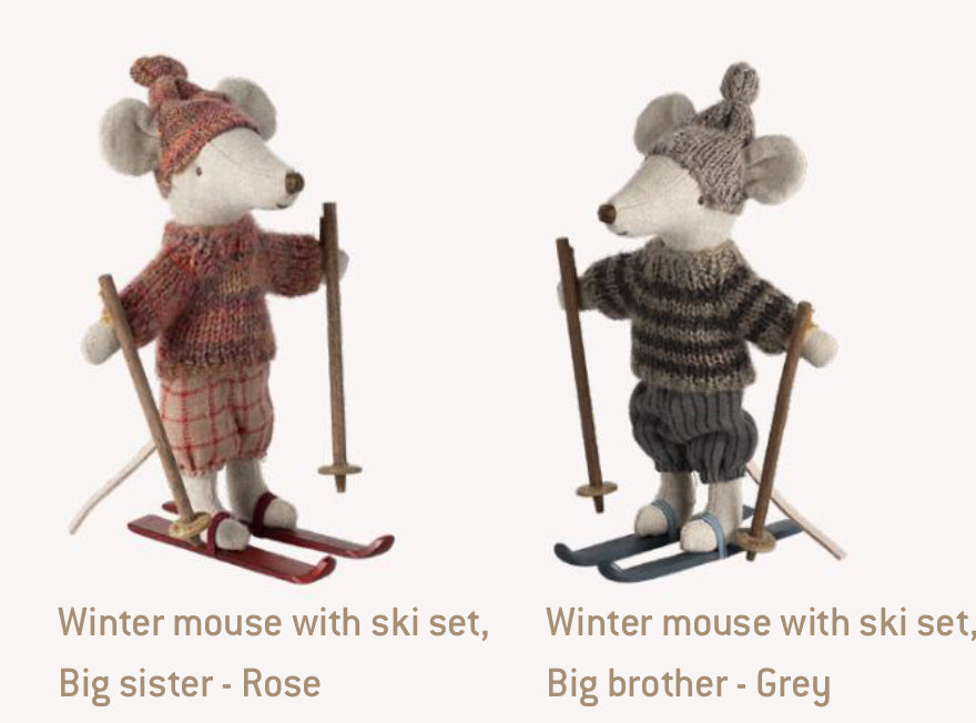Winter mouse with ski set, brother - grey