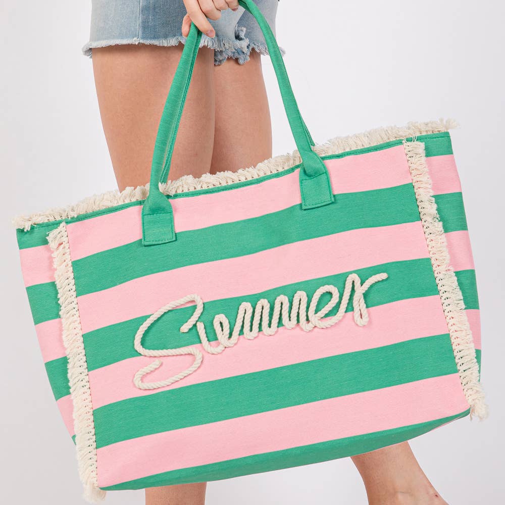 SUMMER Embroidered Fringe Tote: Pink Green
