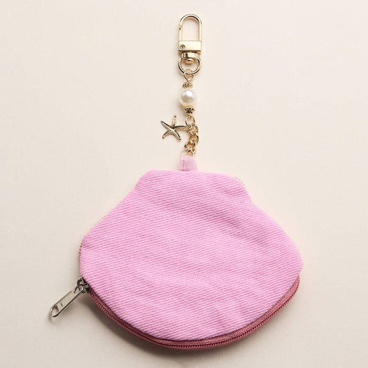Scallop Charm Keychain Beaded Pouch: Pink