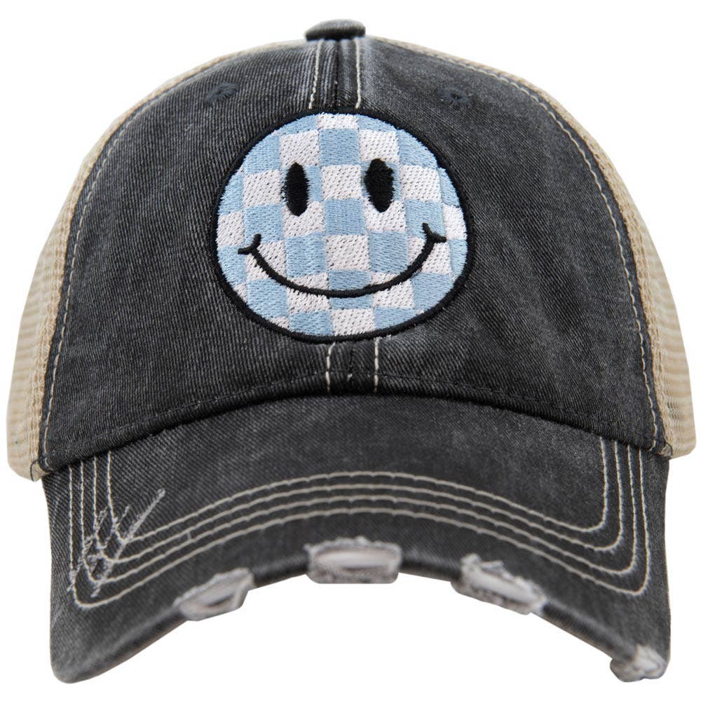 Lt Blue Check Happy Face Trucker Hat