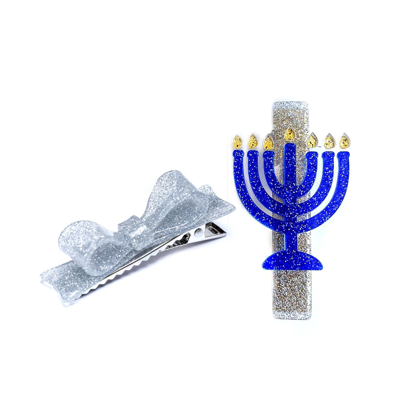 Menorah Glitter Blue/Silver Alligator Clips