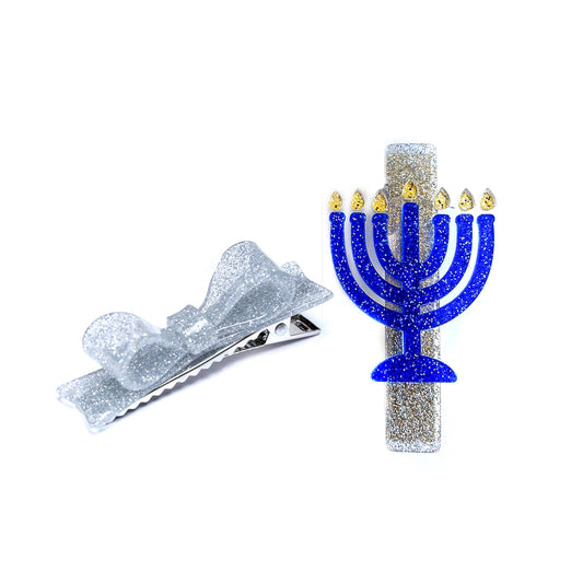Menorah Glitter Blue/Silver Alligator Clips
