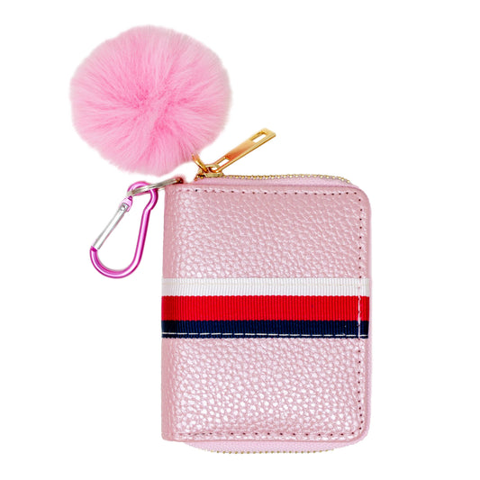 Striped Leather Pom Pom Wallet: Pink