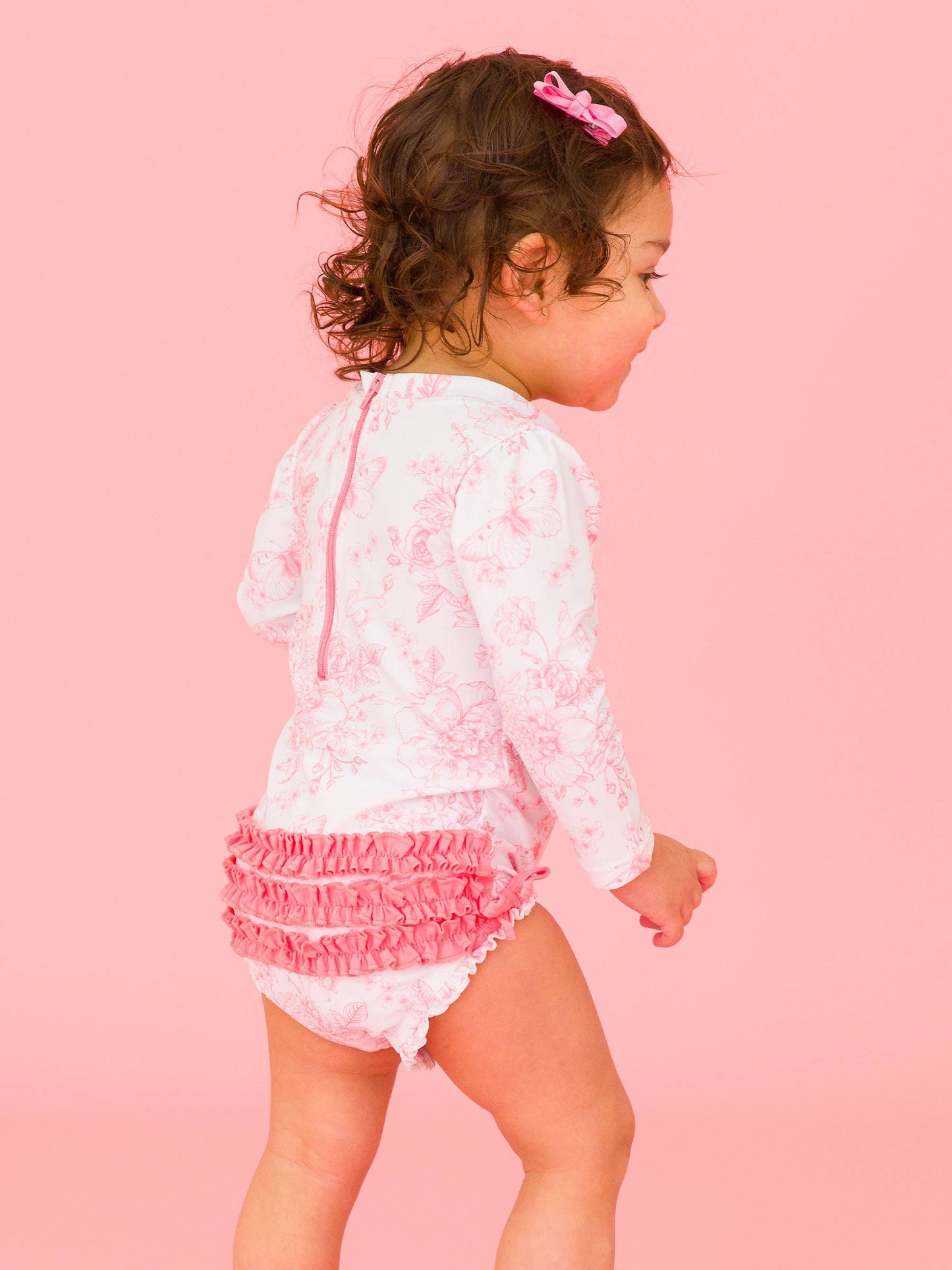 Pink Toile LS Rash Guard Swimsuit 6-12m