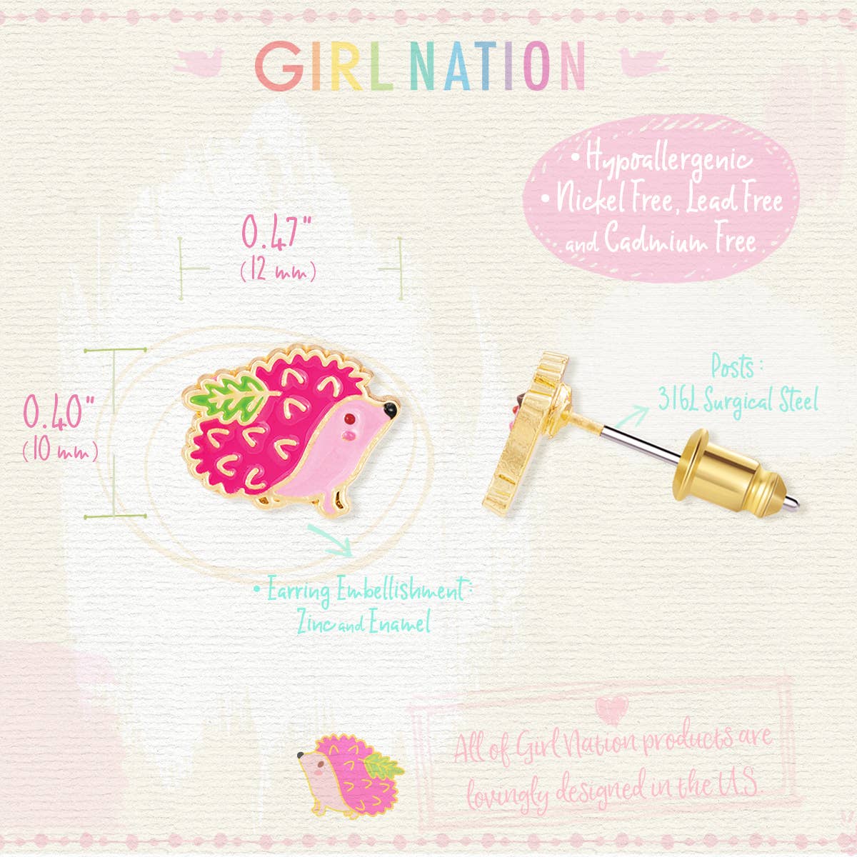 Prickly Pink Hedgehog Cutie Stud Earrings