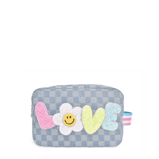 'Love' Denim Checkered Daisy Pouch