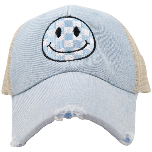 Lt Blue Check Happy Face Trucker Hat