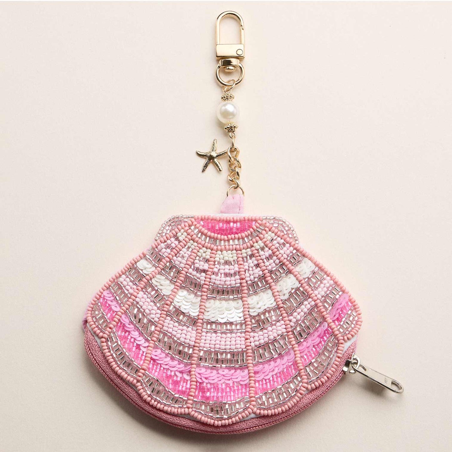 Scallop Charm Keychain Beaded Pouch: Pink