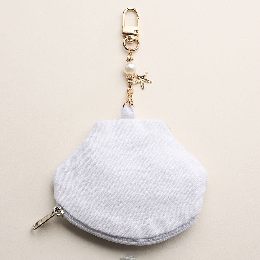 Scallop Charm Keychain Beaded Pouch: White