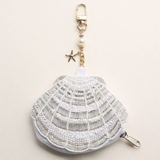 Scallop Charm Keychain Beaded Pouch: White