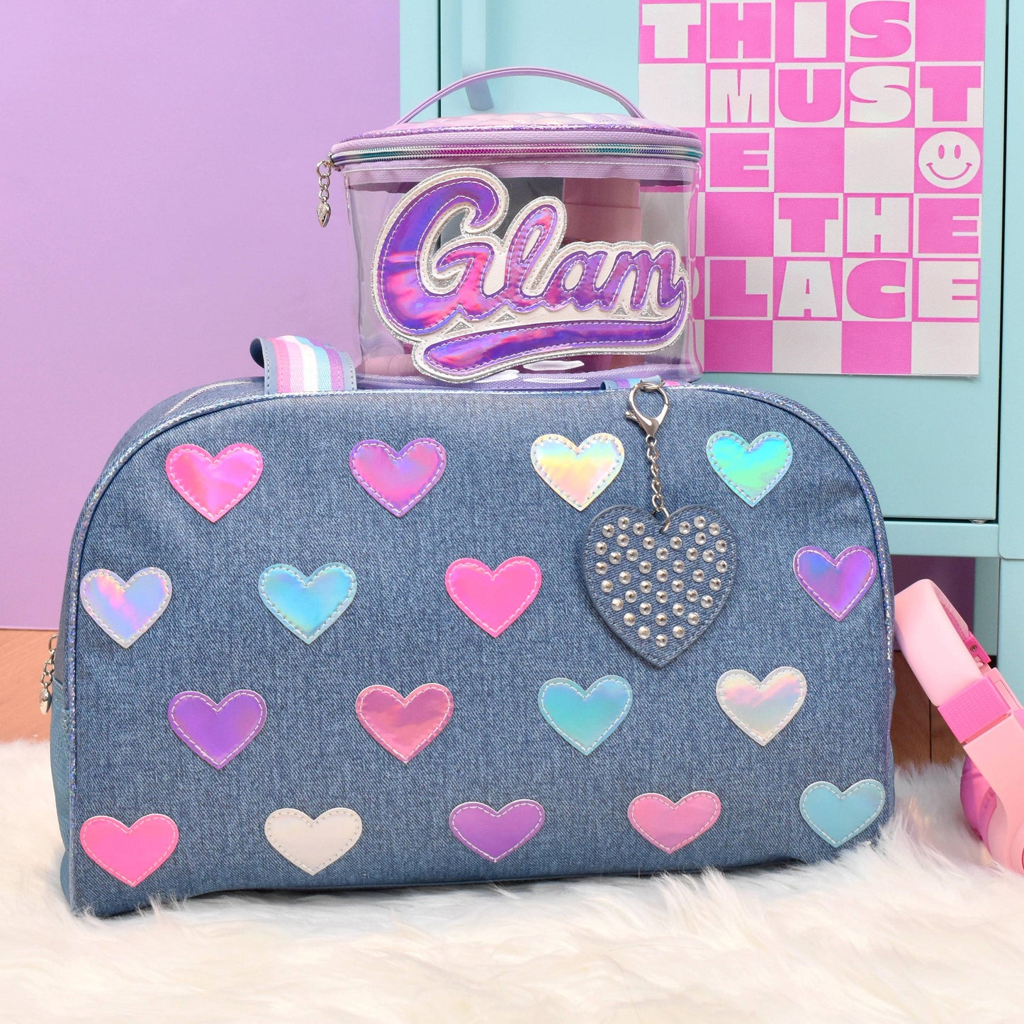 Metallic Heart-Patch Denim Medium Duffle