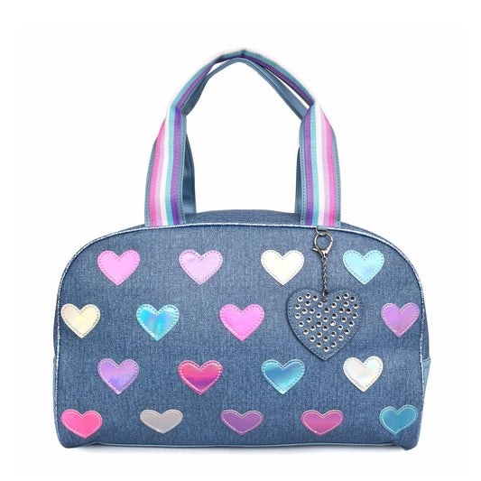 Metallic Heart-Patch Denim Medium Duffle