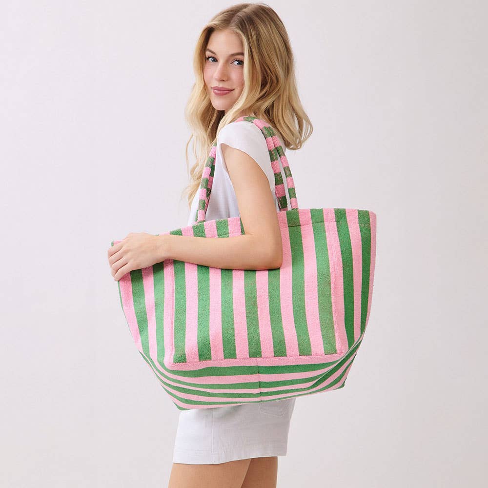 Striped Terry Tote Bag: Pink + Green