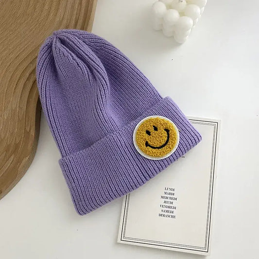 Smiley Face Beanie Cap Hat: Lavender