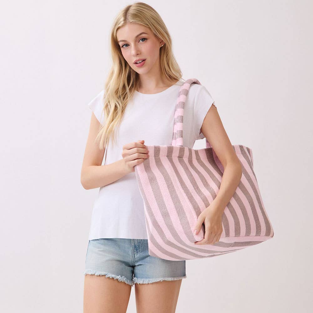 Striped Terry Tote Bag: Gray + Pink
