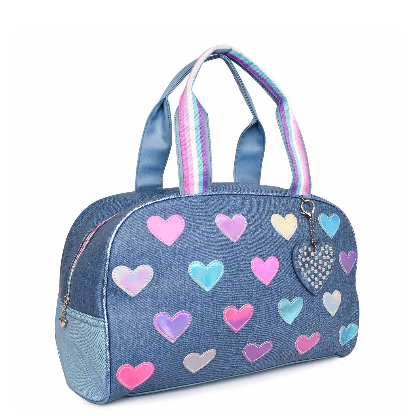 Metallic Heart-Patch Denim Medium Duffle