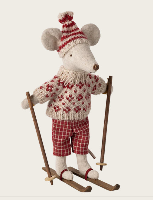 Winter mouse with ski set, MUM - red