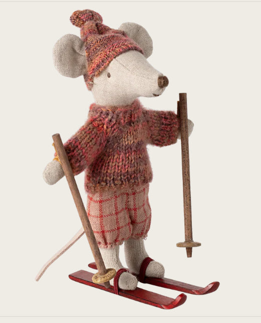 Winter mouse with ski set, sister - rose