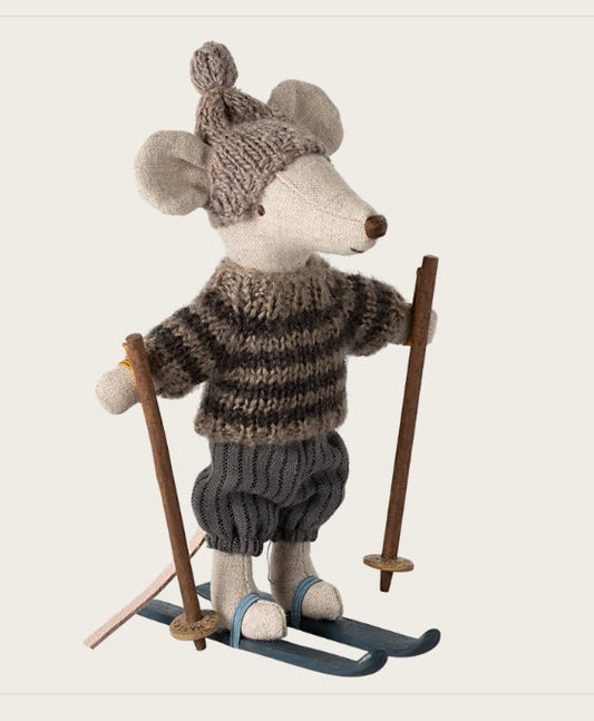 Winter mouse with ski set, brother - grey