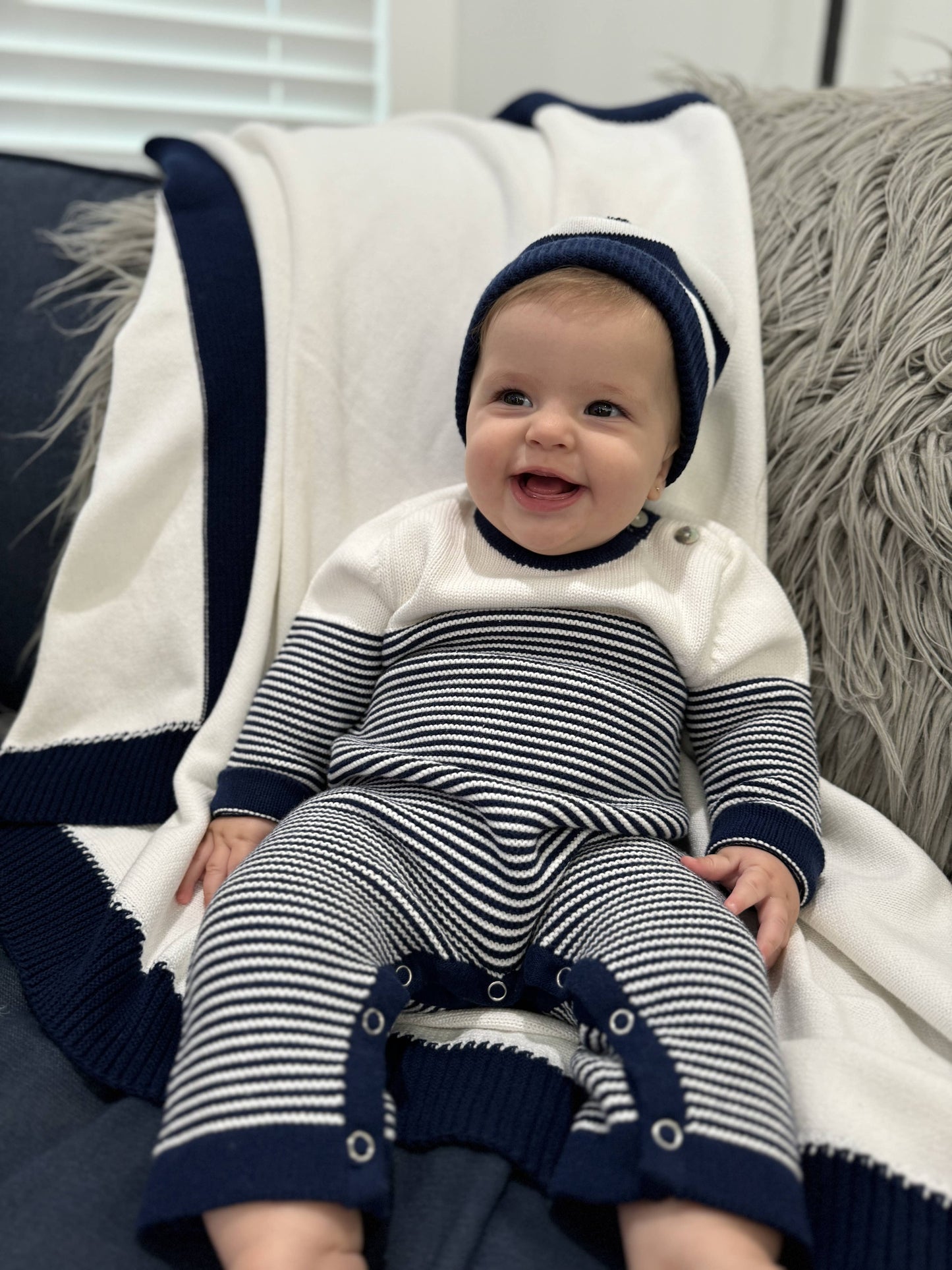Cotton Striped Hat Pompom: Blue / 12m