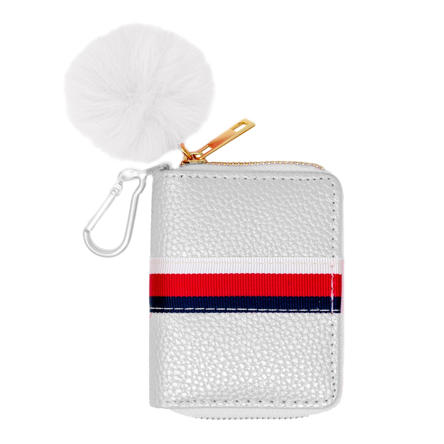 Striped Leather Pom Pom Wallet: Pink