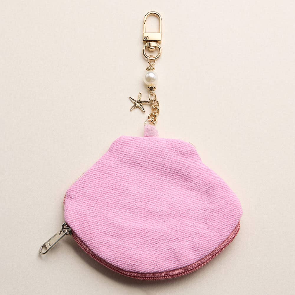Scallop Charm Keychain Beaded Pouch: Pink