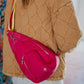 Hot Pink Solid SLING BAG with Striped Strap: Hot Pink