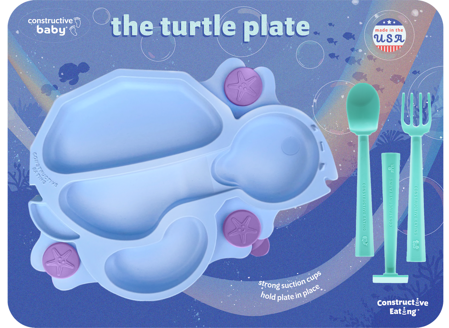 Baby Turtle Suction Plate and Training Utensils: Green Turtle Plate