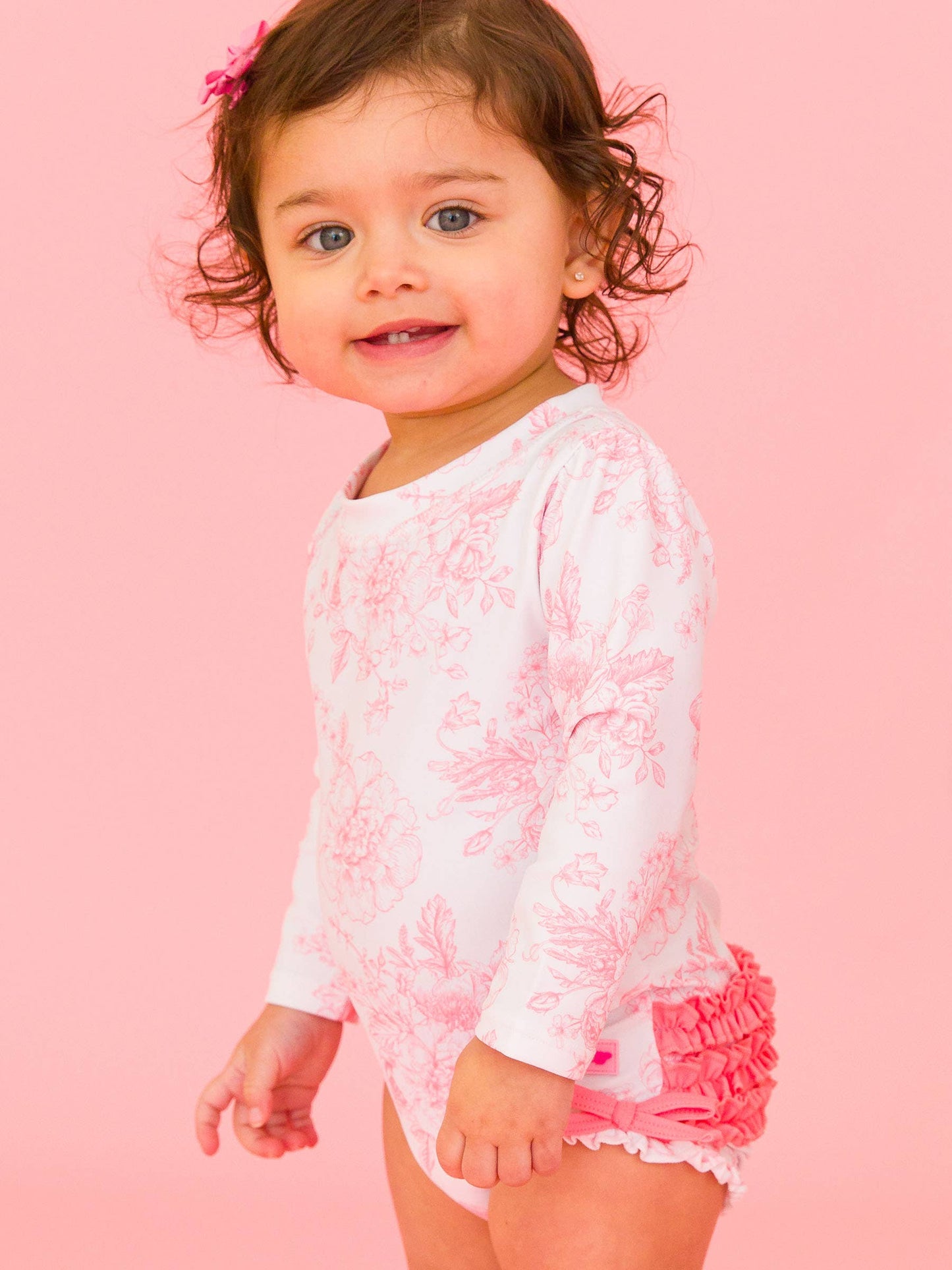 Pink Toile LS Rash Guard Swimsuit 12-18m