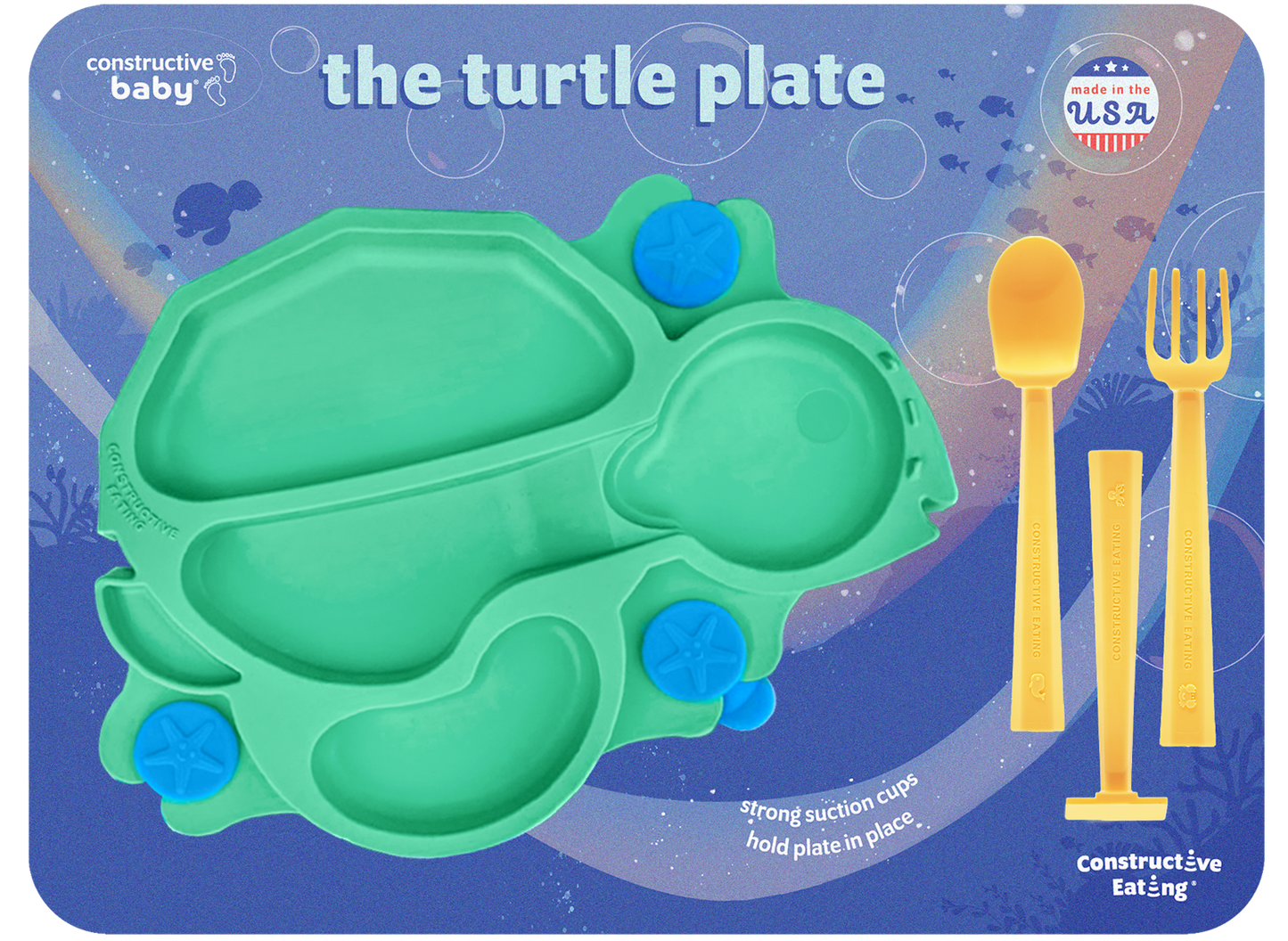 Baby Turtle Suction Plate and Training Utensils: Green Turtle Plate