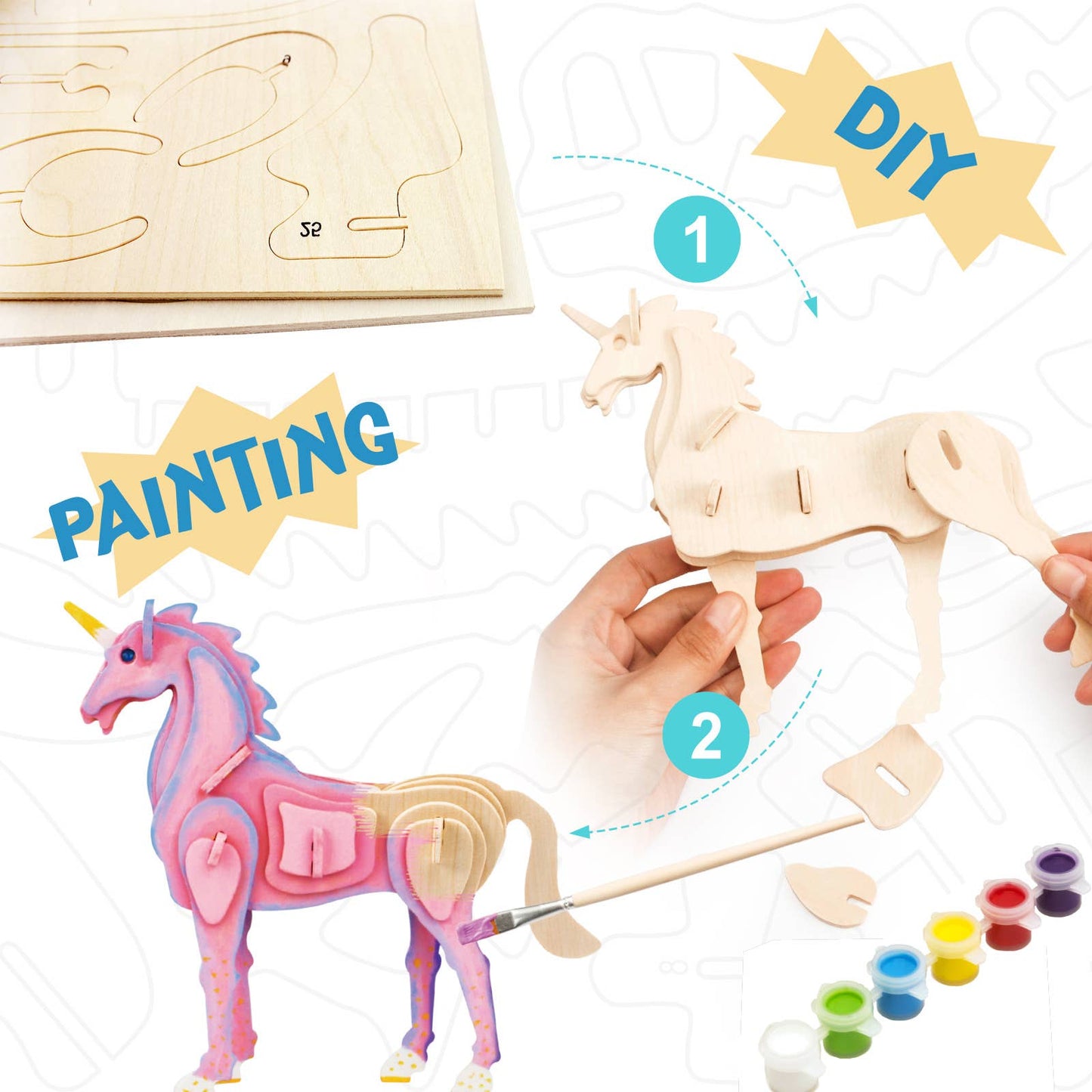 3D Wooden Puzzle with Paint Kit: Unicorn