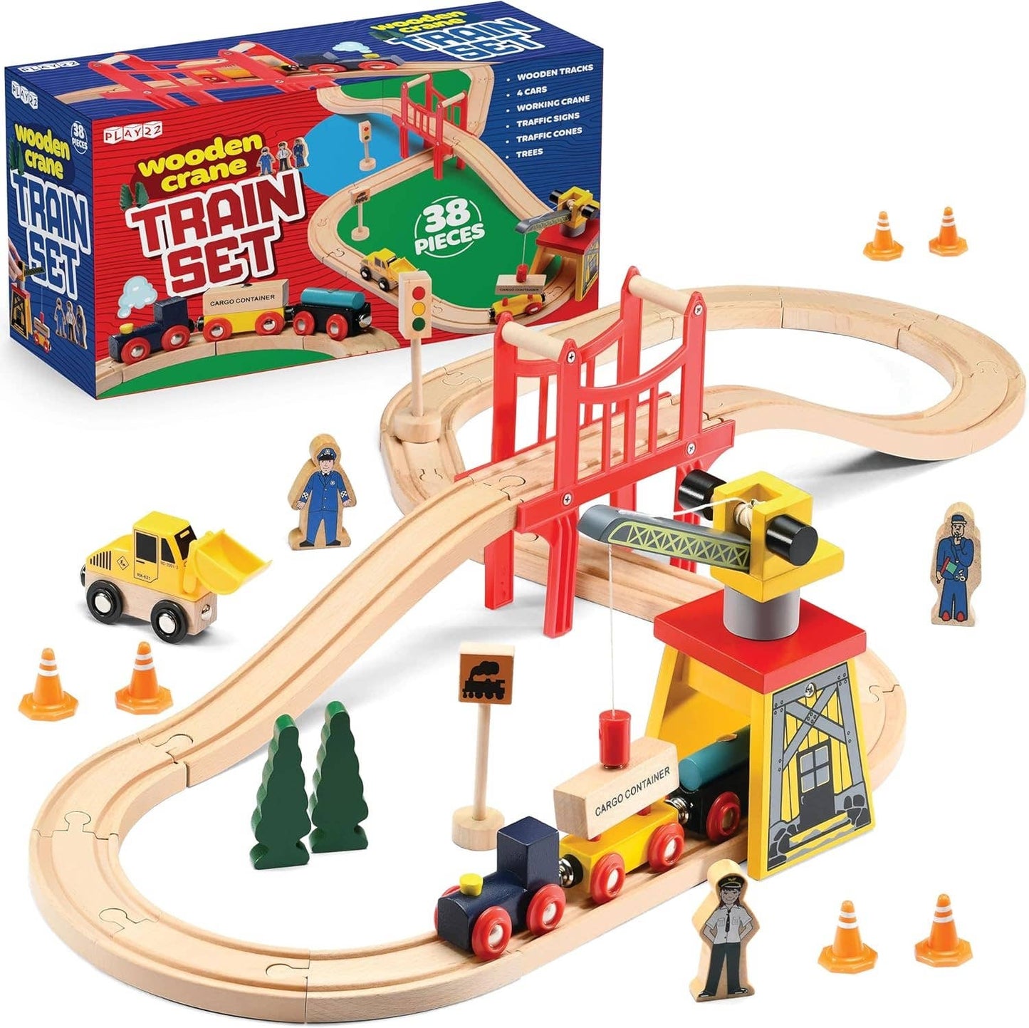 38-Pc Wooden Train Set for Toddlers