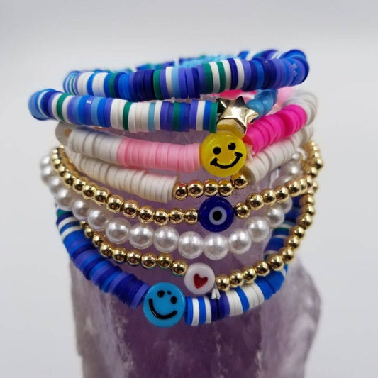 Blue Evil Eye Heishi Bracelet - Set Of 8