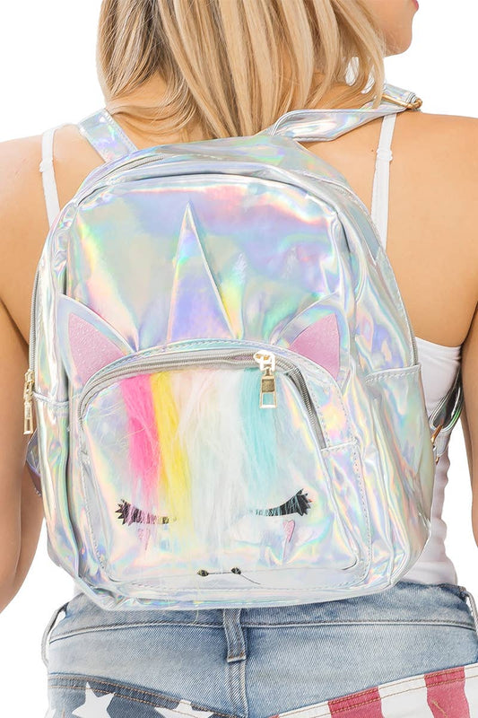 Fuzzy Unicorn Shiny Metallic Backpack