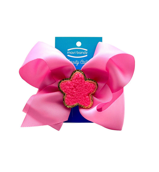 Chenille Patch Pink Flower Hair Clip Bow