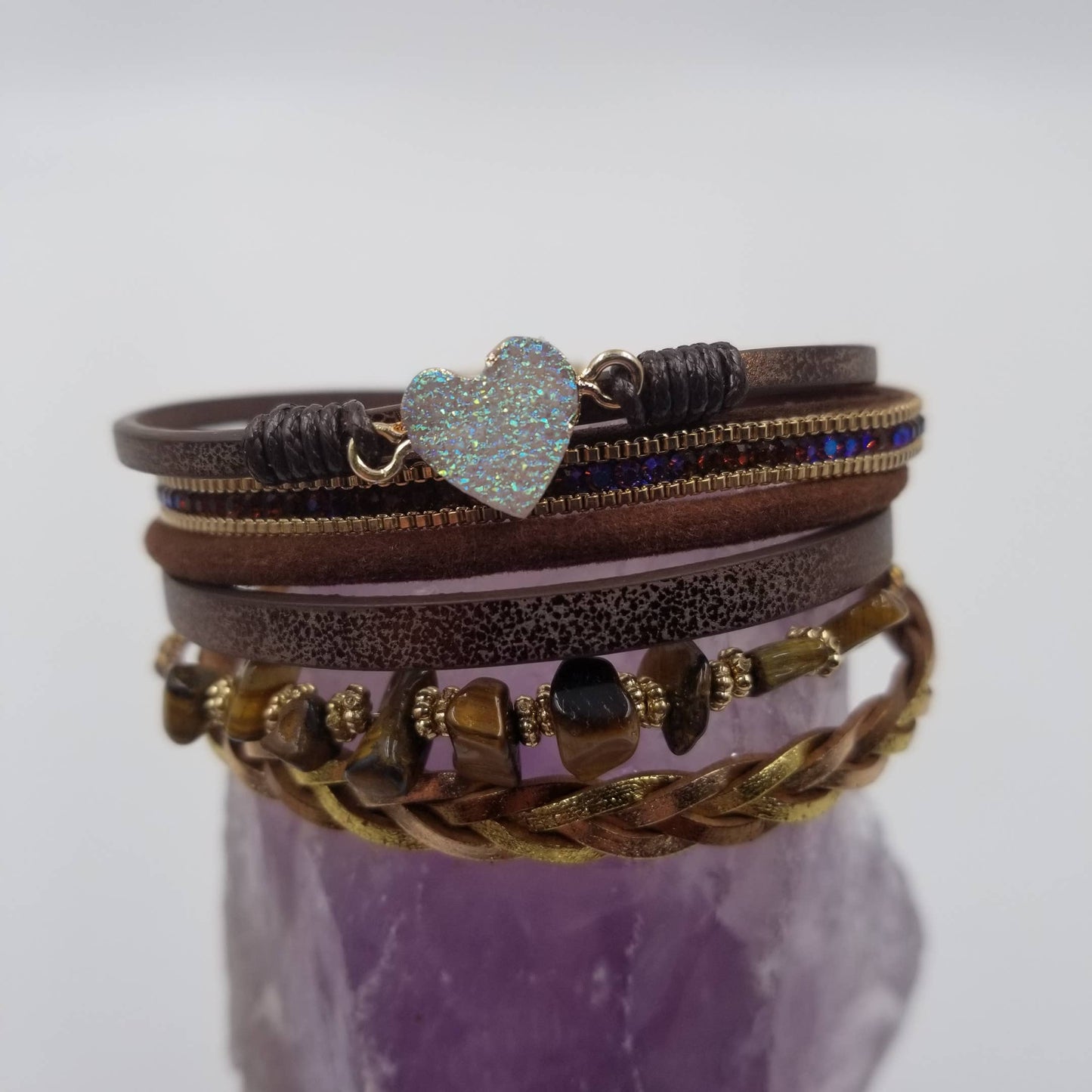 Natural Stone Heart Wrap Magnetic Bracelet: Brown